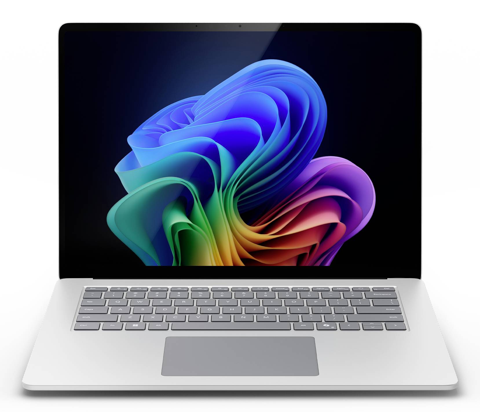 Silberner Laptop mit schwarzem Bildschirm, auf dem eine farbenfrohe abstrakte Wirbeltapete auf weißem Hintergrund angezeigt wird.