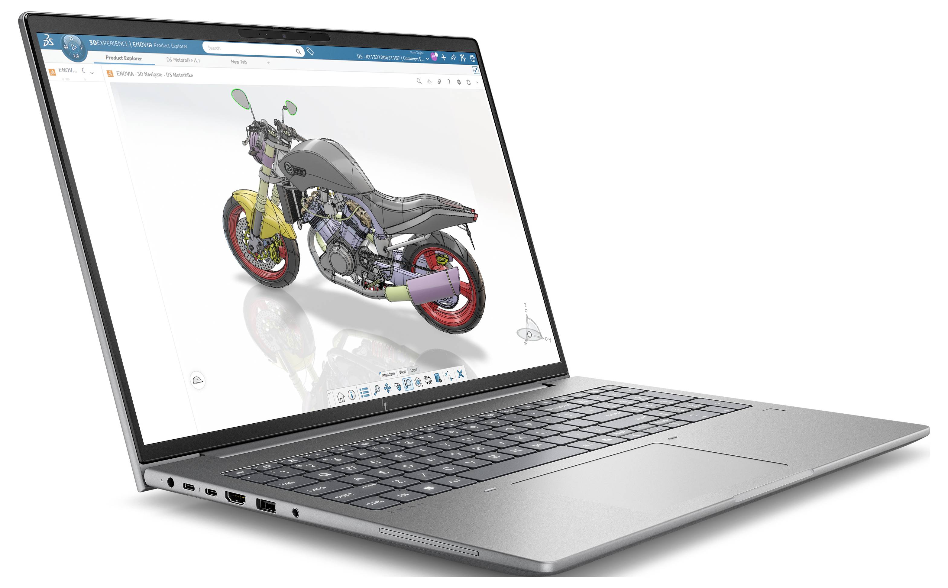 Laptop mit 3D-CAD-Modell eines Motorrads in Design-Software