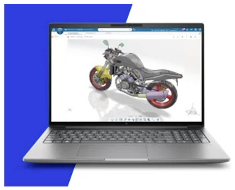 Laptop zeigt ein 3D-Motorraddesign in CAD-Software auf einem weißen Bildschirm, dargestellt vor einem blauen Hintergrund.