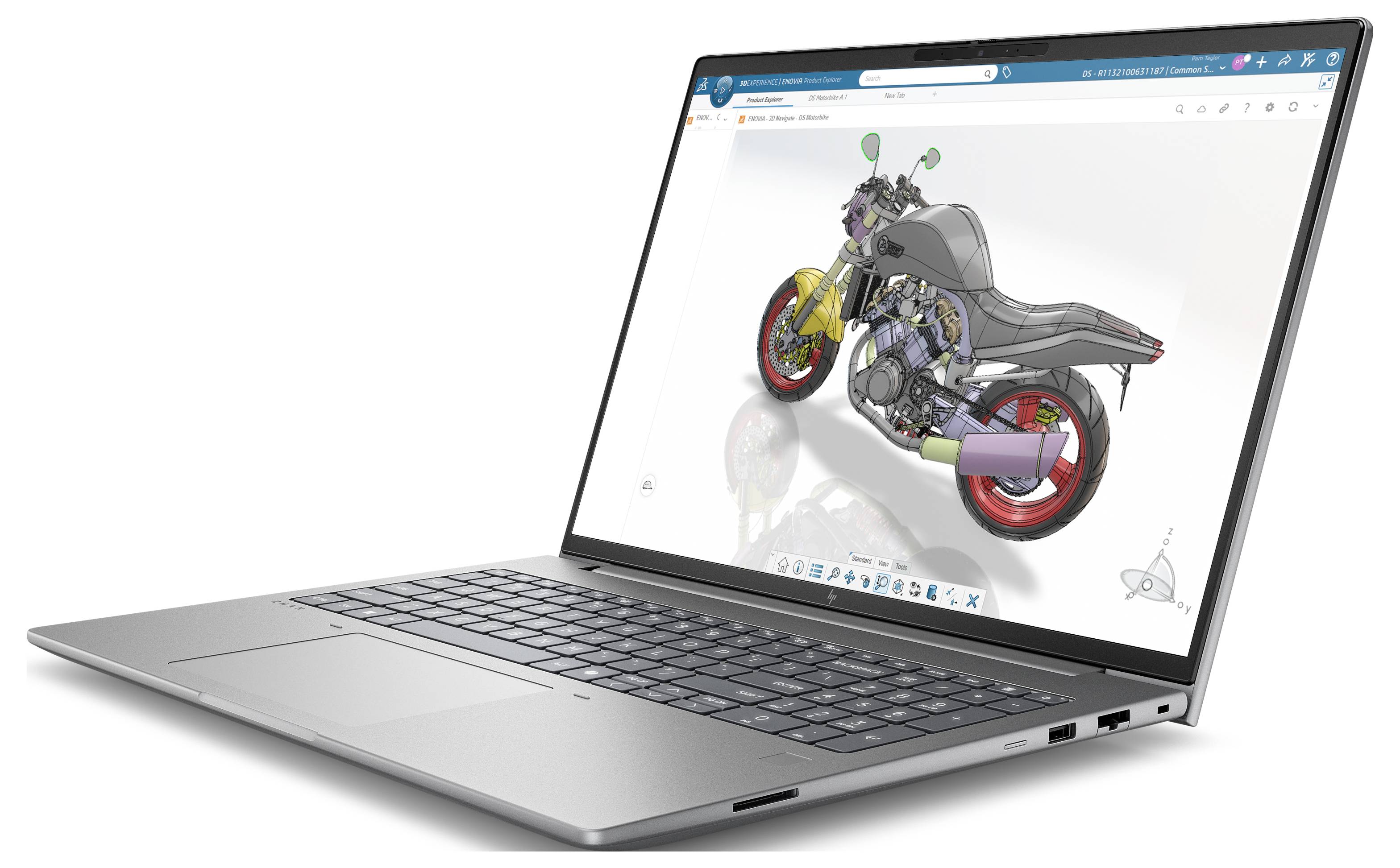 Laptop zeigt ein 3D-CAD-Modell eines Motorrads in Engineering-Design-Software an.