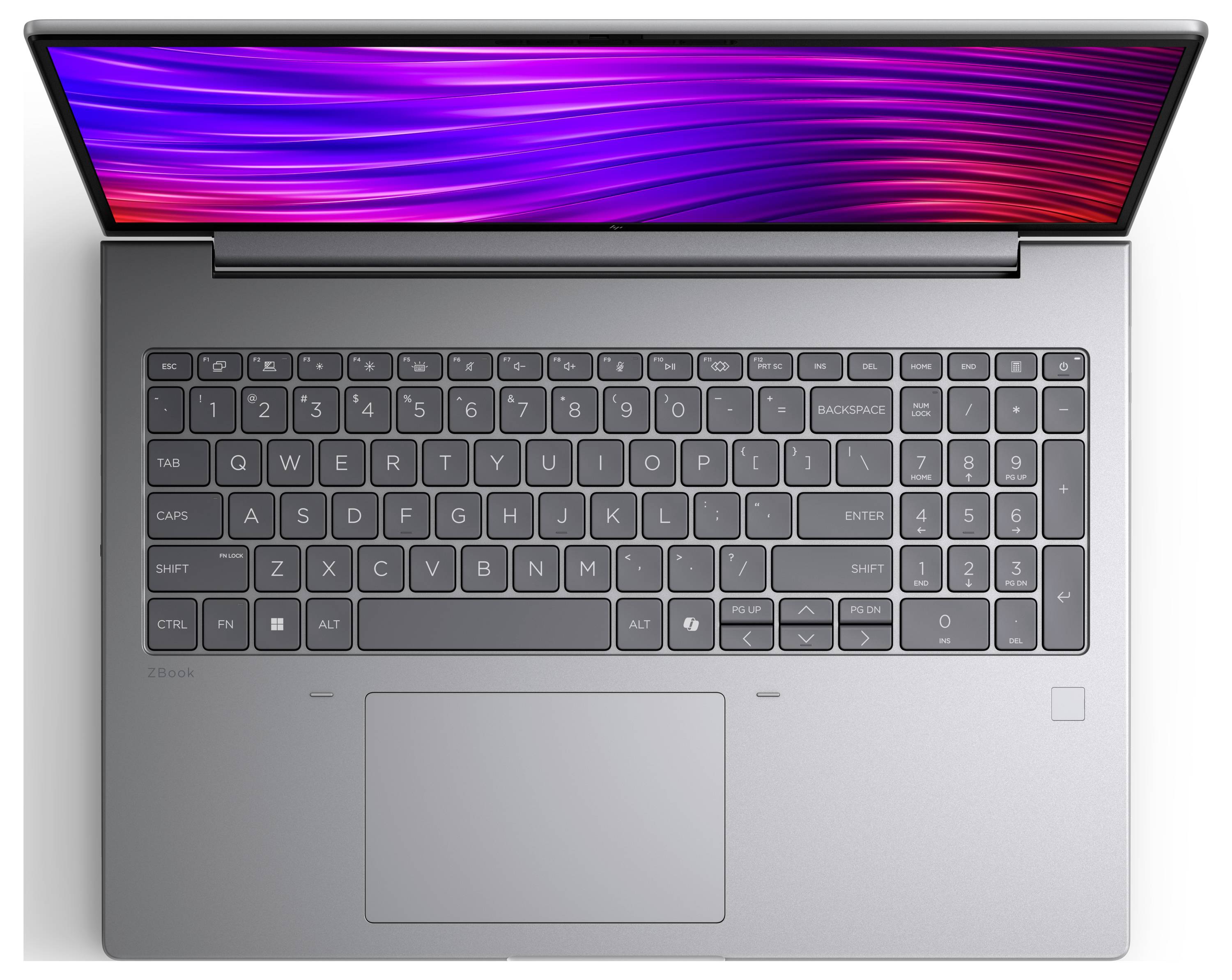Draufsicht auf einen offenen silbernen Laptop mit einem farbenfrohen violett-rosa Display und vollständiger Tastatur.