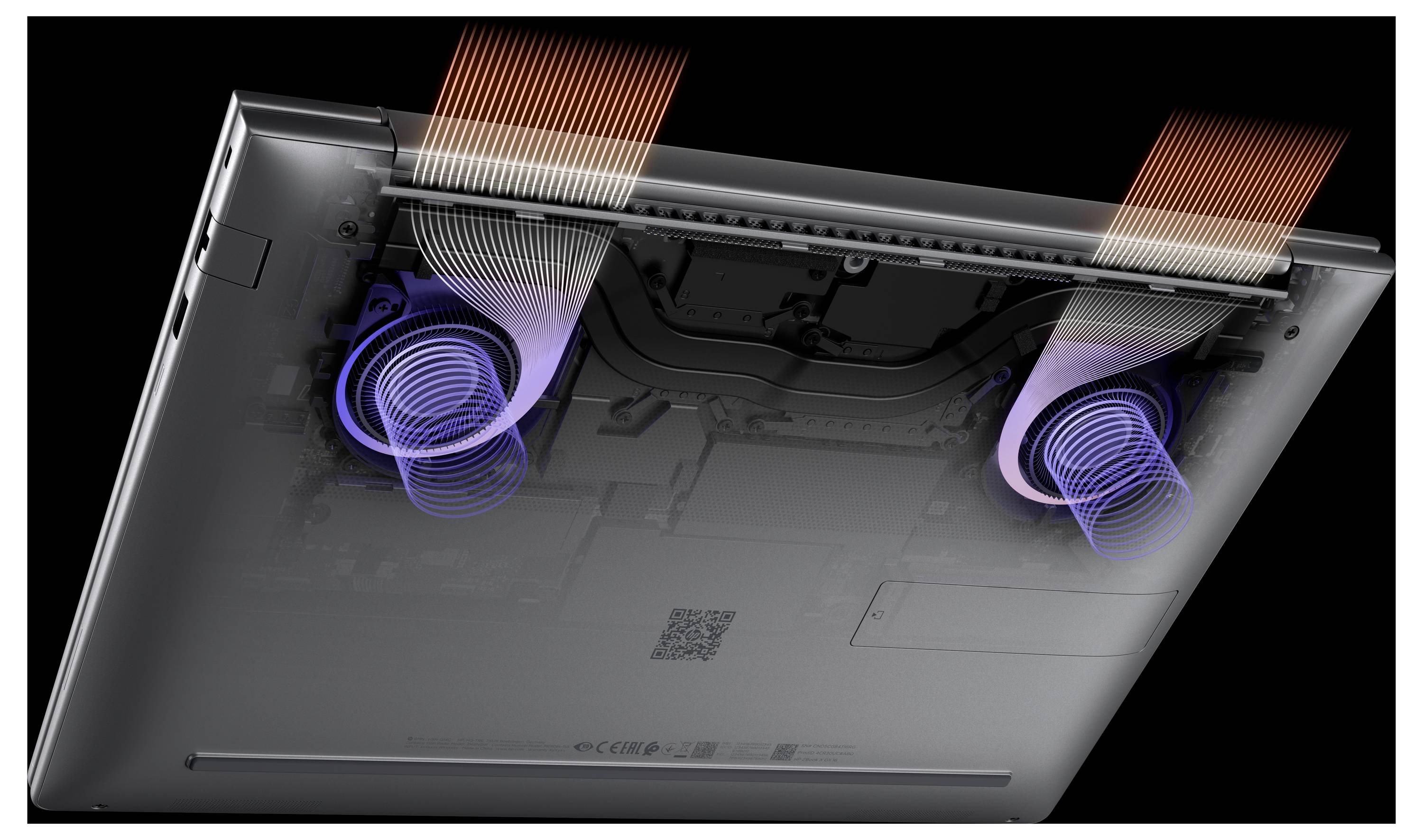 Unteransicht eines Laptops mit zwei Kühlventilatoren und Wärmerohrleistungen, mit farbigen Luftstrom- oder Wärmeableitungsgrafiken, die interne Kühlung hervorheben.