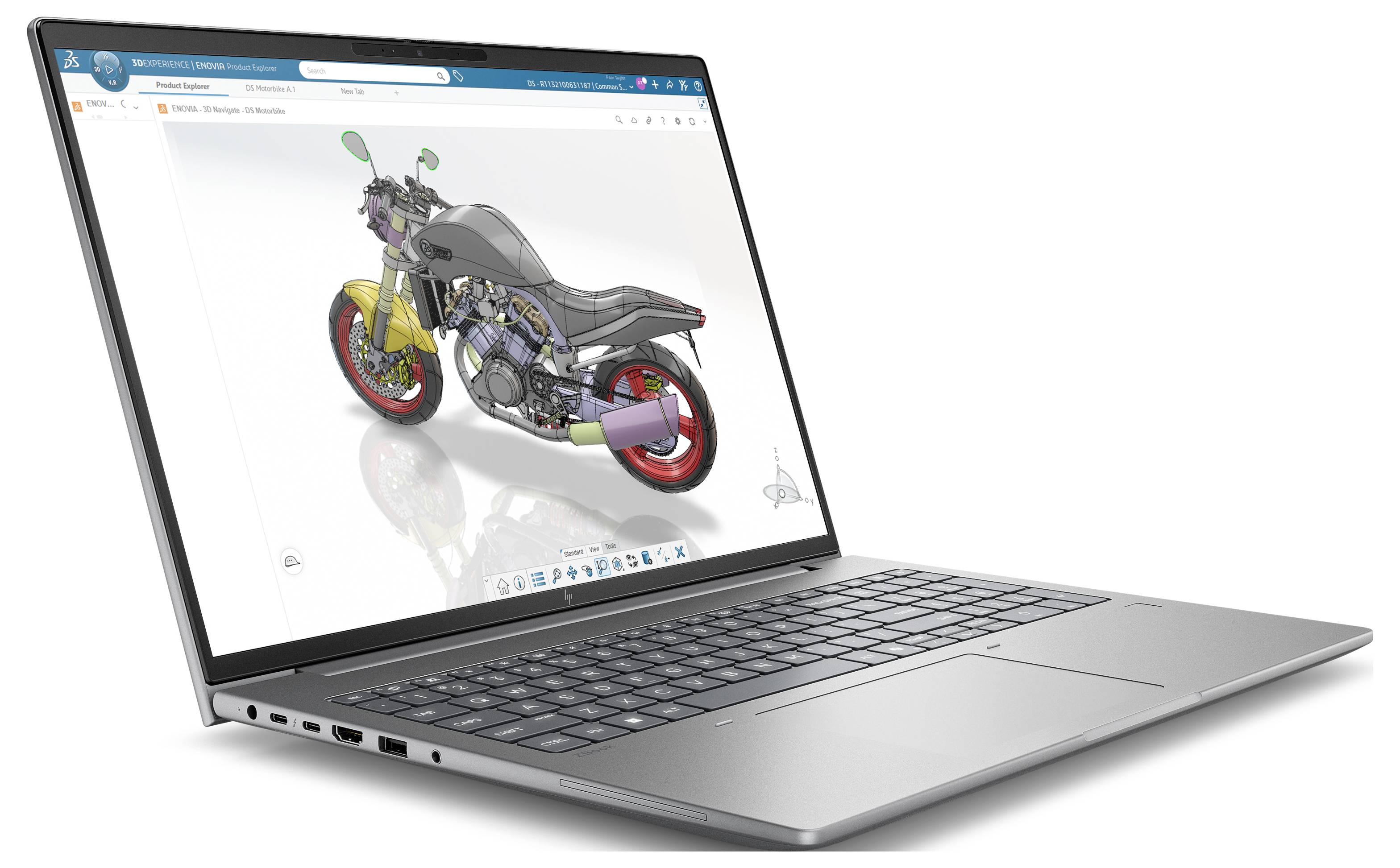 Laptop, auf dem ein 3D-CAD-Modell eines Motorrads in Designsoftware angezeigt wird.