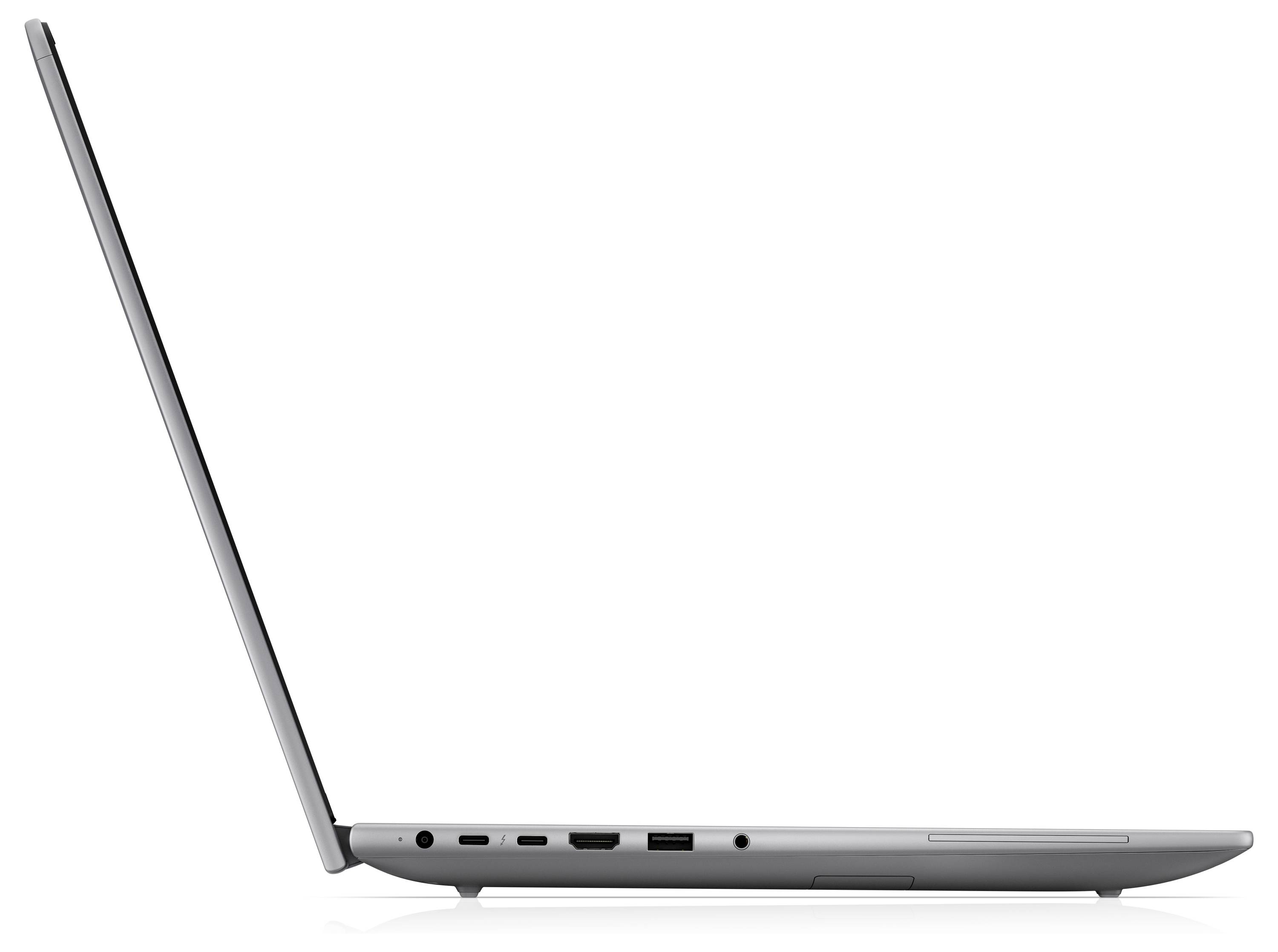 Seitenansicht eines dünnen silbernen Laptops, der fast flach geschlossen ist und sein Profil, das Scharnier, die Tastaturplattform und die seitlichen Anschlüsse vor einem weißen Hintergrund zeigt.