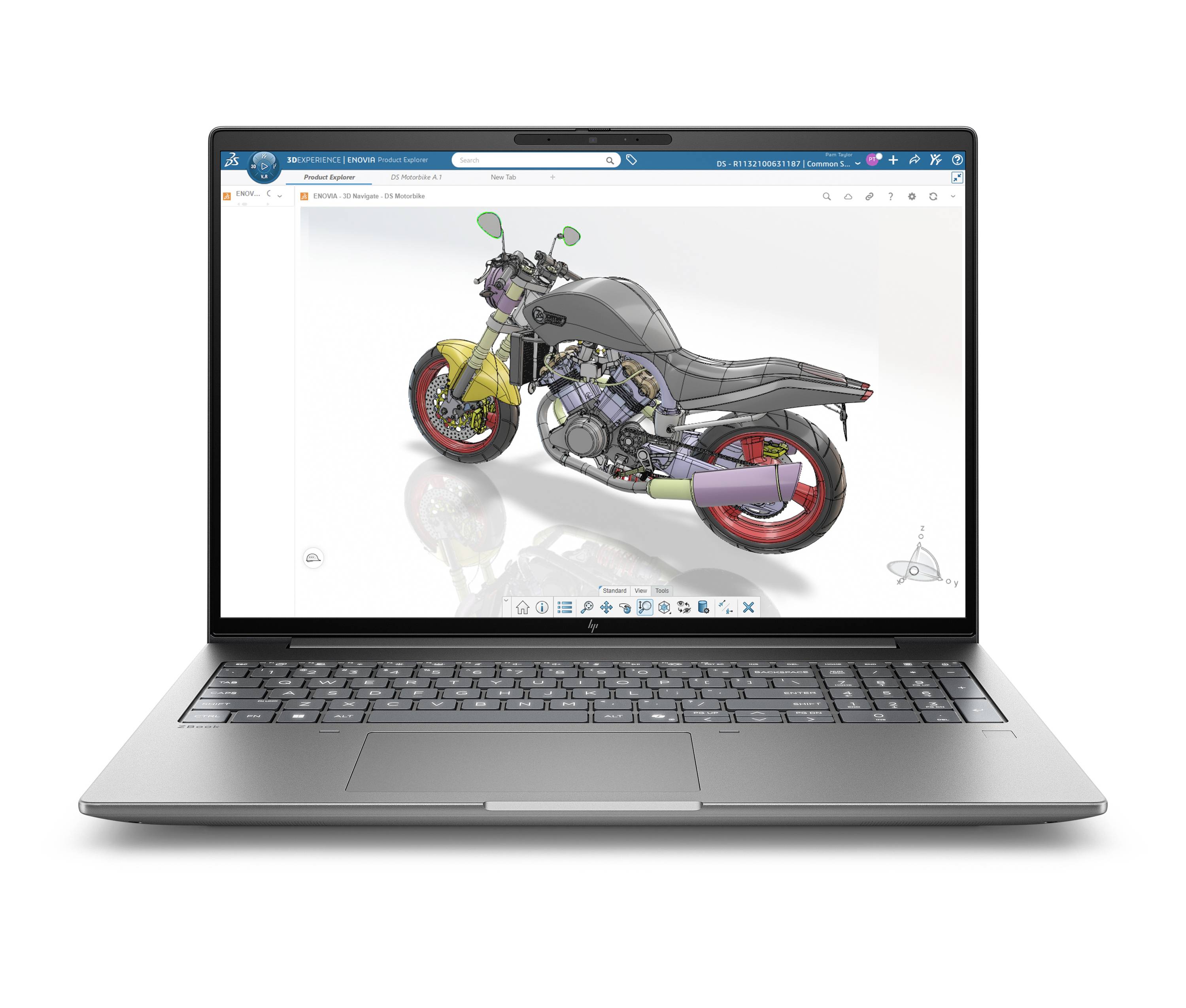 Laptop zeigt ein 3D-CAD-Modell eines Motorrads in Designsoftware an, wobei das Motorrad in einer Dreiviertelsicht dargestellt ist.