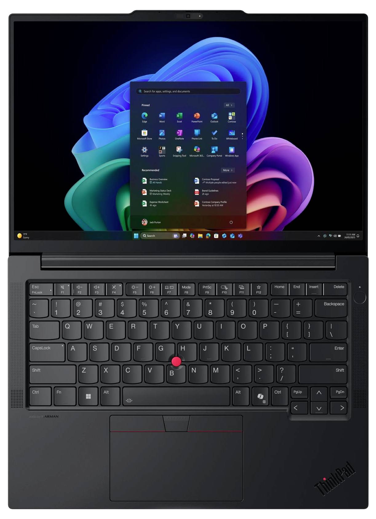 Ein schwarzer Lenovo ThinkPad-Laptop mit Windows 11, das auf dem Desktop offen ist und das Startmenü zentriert über einem farbenfrohen blau, grün und violett gefärbten Hintergrundbild angezeigt wird.