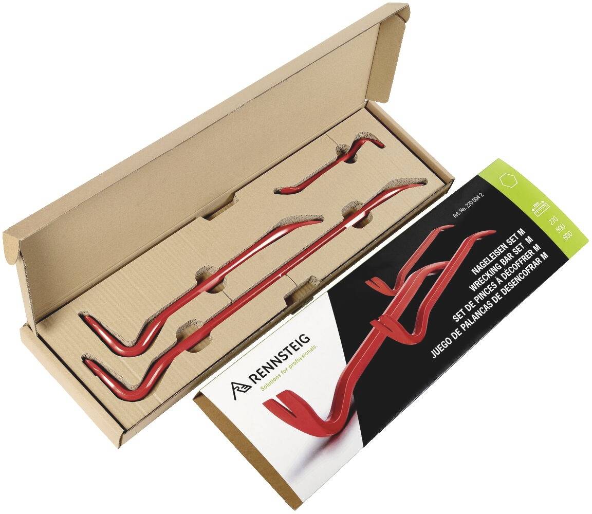 Verpackter roter Metall-Kamin- oder Ofen-Werkzeugsatz mit drei hakenförmigen Geräten und Verpackung mit der Aufschrift „RENNSTEIG