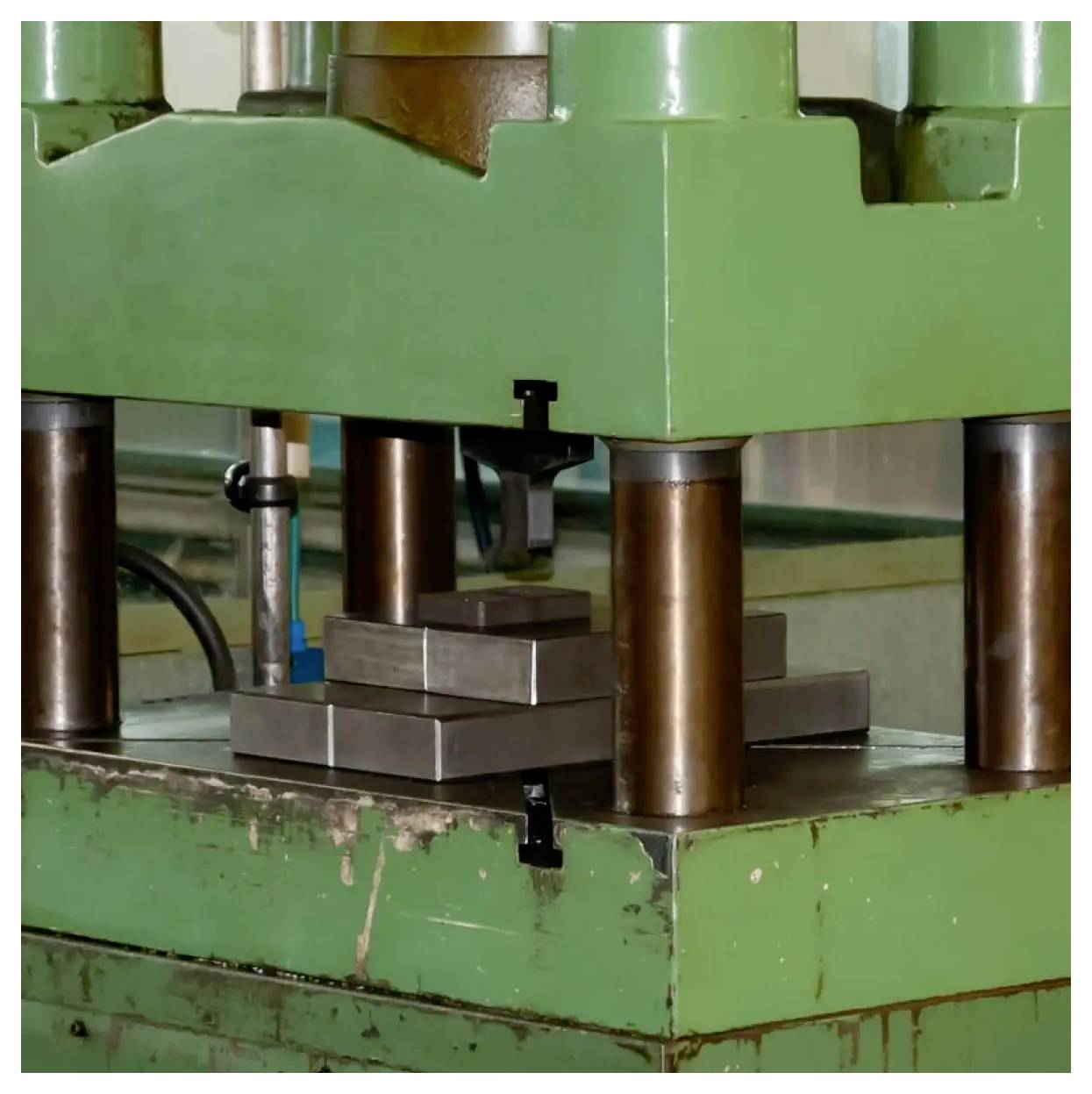 Grüne Industriepresse komprimiert gestapelte Metallblöcke auf einem Werkstattboden.
