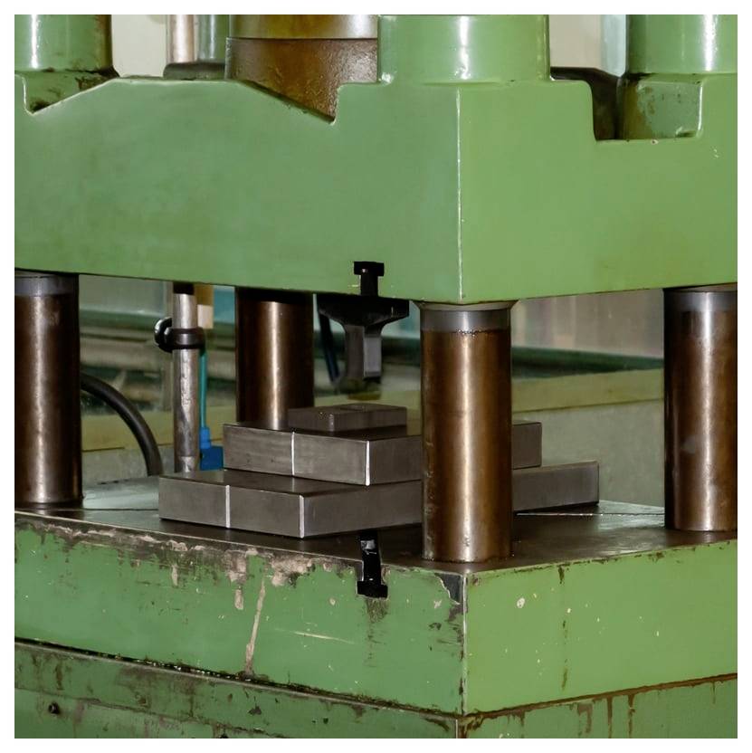 Industrielle Pressenmaschine, die gestapelte Metallblöcke in einer Werkstatt komprimiert.