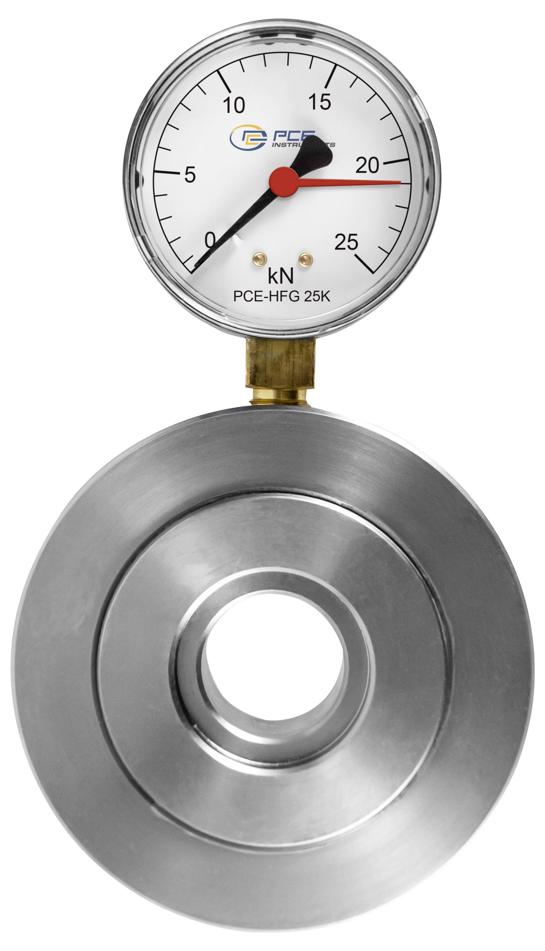 Analoges Kraftmessgerät auf einer Metallring-Messzelle, Skala in kN gekennzeichnet mit der Nadel nahe bei 20.