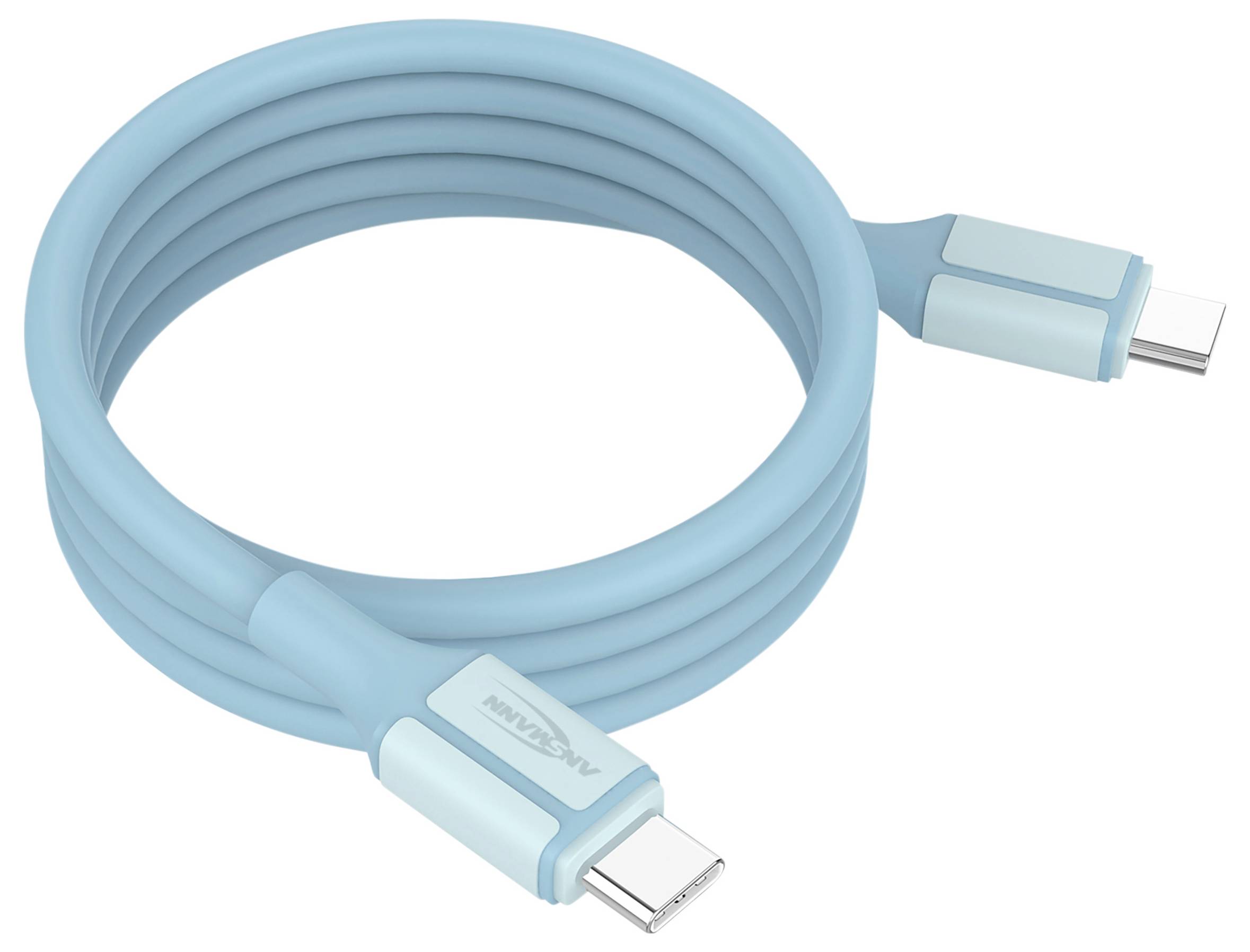 Aufgerolltes hellblaues USB-C-Ladekabel mit sichtbaren Steckern an beiden Enden.