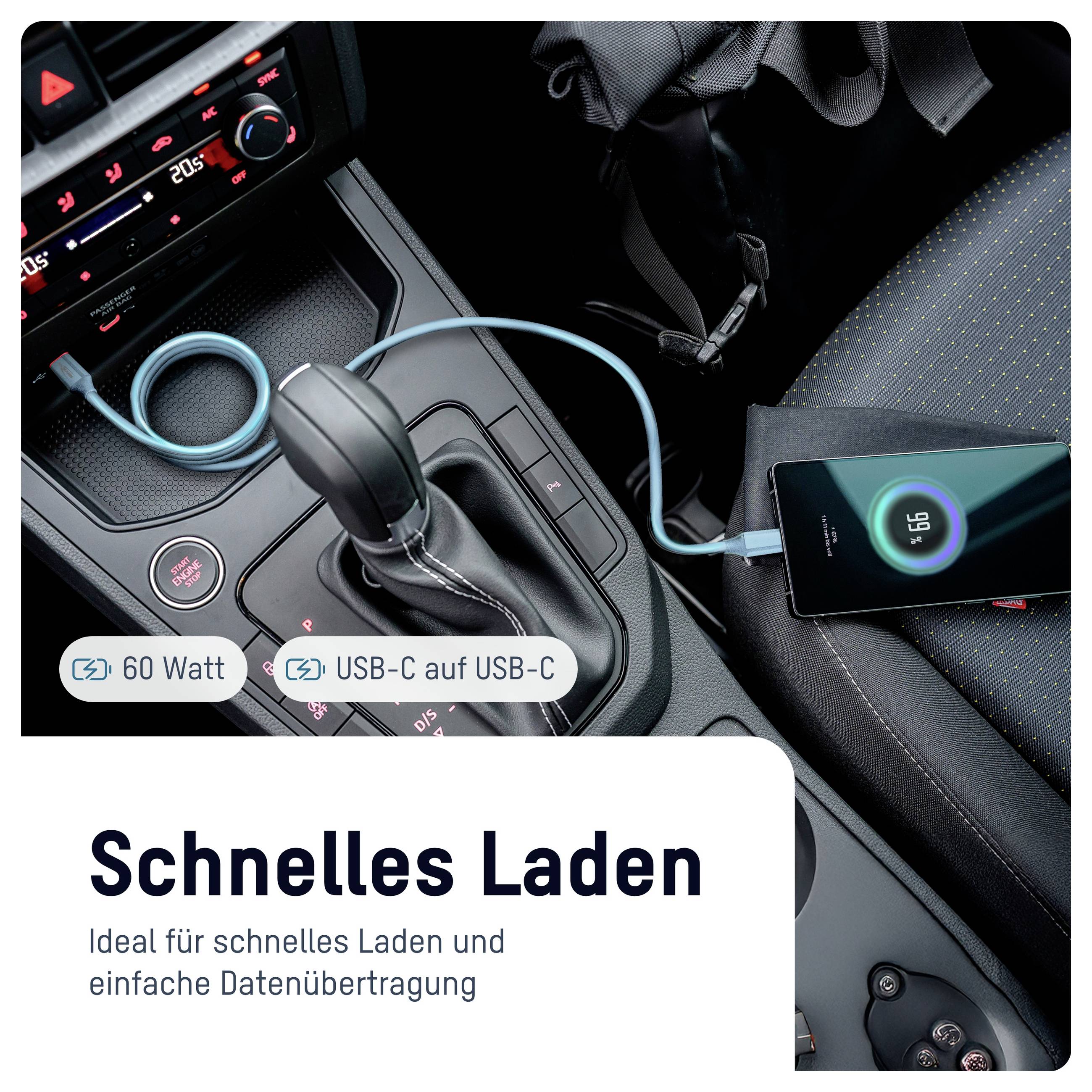 # Autoinnenschau mit einem Telefon, das über ein USB-C-Kabel von der mittleren Mittelkonsole geladen wird; Die deutsche Anzeige zeigt „Schnelles Laden