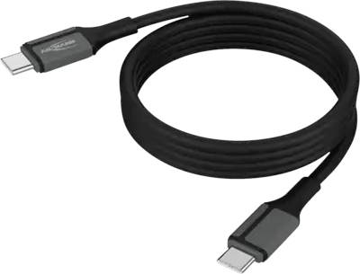 Schwarzes USB-C-Ladekabel aufgerollt auf weißem Hintergrund mit USB-C-Steckern an beiden Enden.