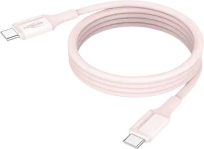 Rosa USB-C-Ladekabel aufgerollt auf weißem Hintergrund, mit sichtbaren Steckern an beiden Enden.