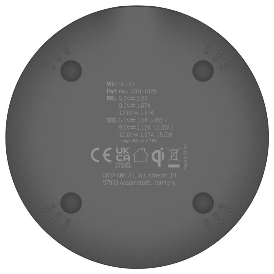 Unteransicht eines runden Ansmann-Wireless-Ladegeräts mit Modell und auf der Unterseite aufgedruckten Leistungsangaben.