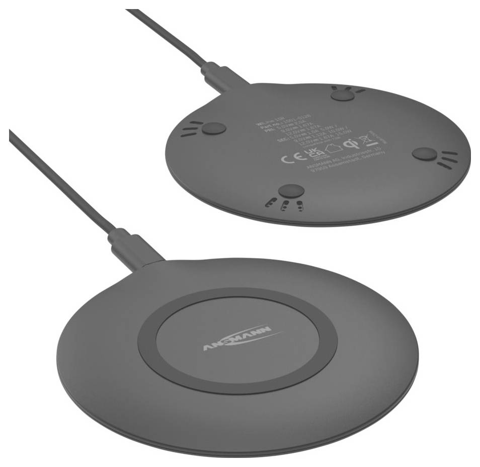 Runde schwarze kabellose Ladepads, von vorne und hinten gezeigt, mit angelegtem USB-Kabel und Statusmarkierungen auf der Unterseite.