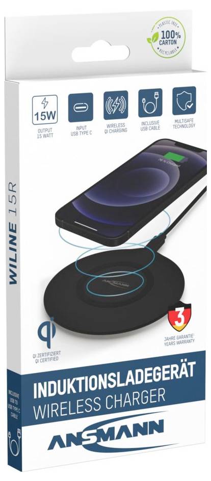 Produkt-Box für ANSMANN 'Wireless Charger' mit Abbildung eines Telefons, das auf einem runden Pad aufgeladen wird, mit 15W Ausgangsleistung, USB Type-C, kabelloses Laden und 3 Jahren Garantie