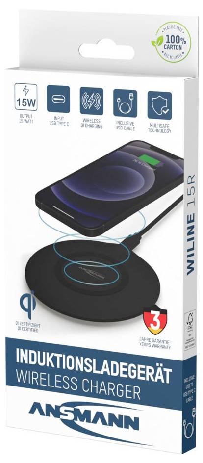 Produktbox für ANSMANN WILINE 15R induktives kabelloses Ladesystem, zeigt eine schwarze Ladeunterlage und Smartphone mit Hauptfunktionen und 15W Leistung.