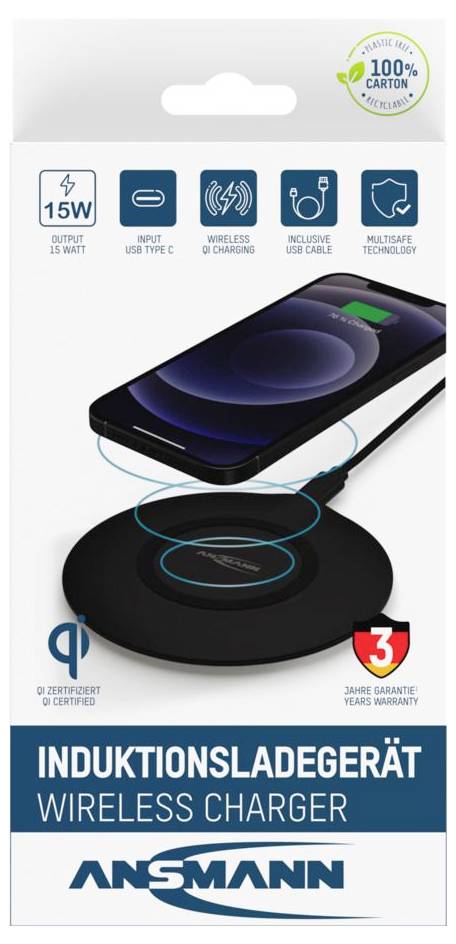 Verpackung für ein Ansmann Wireless Charger und Induktionsladegerät mit 15W Ausgangsleistung, USB-C, drahtlosem Laden, inklusivem USB-Kabel und Multi-Sicherheitstechnologie.