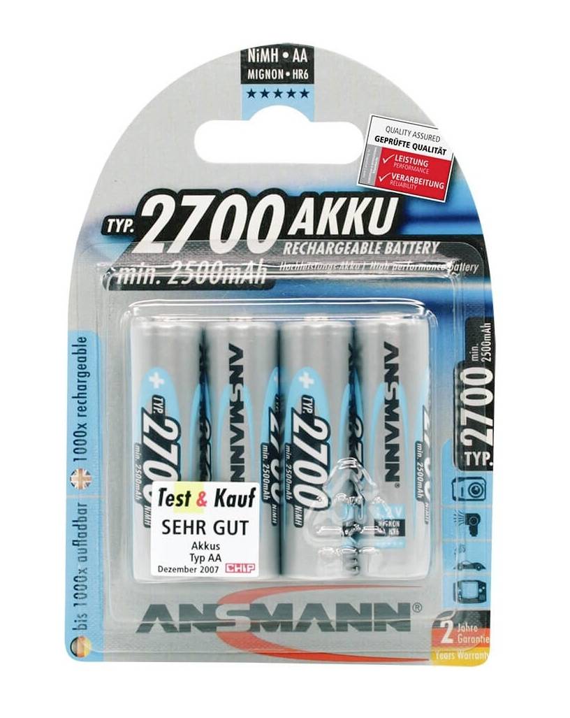 Ansmann wiederaufladbares AA-Batterie-Set mit zwei Batterien in Kunststoffverpackung, beschriftet mit 
