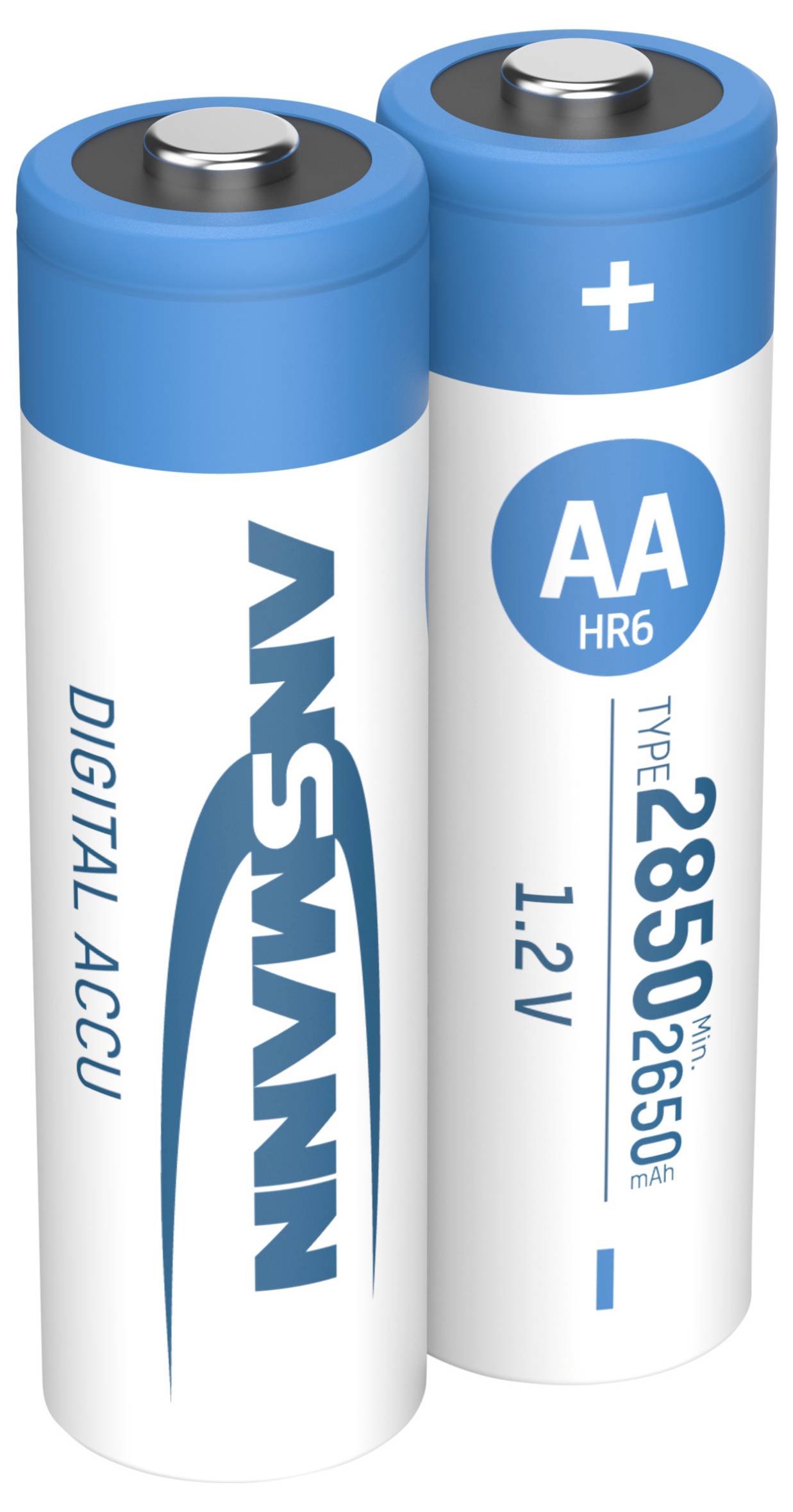 Zwei blau-weiße ANSMANN AA Wiederaufladbare Batterien mit der Bezeichnung Digital Accu, 1,2V, 2850 mAh HR6.
