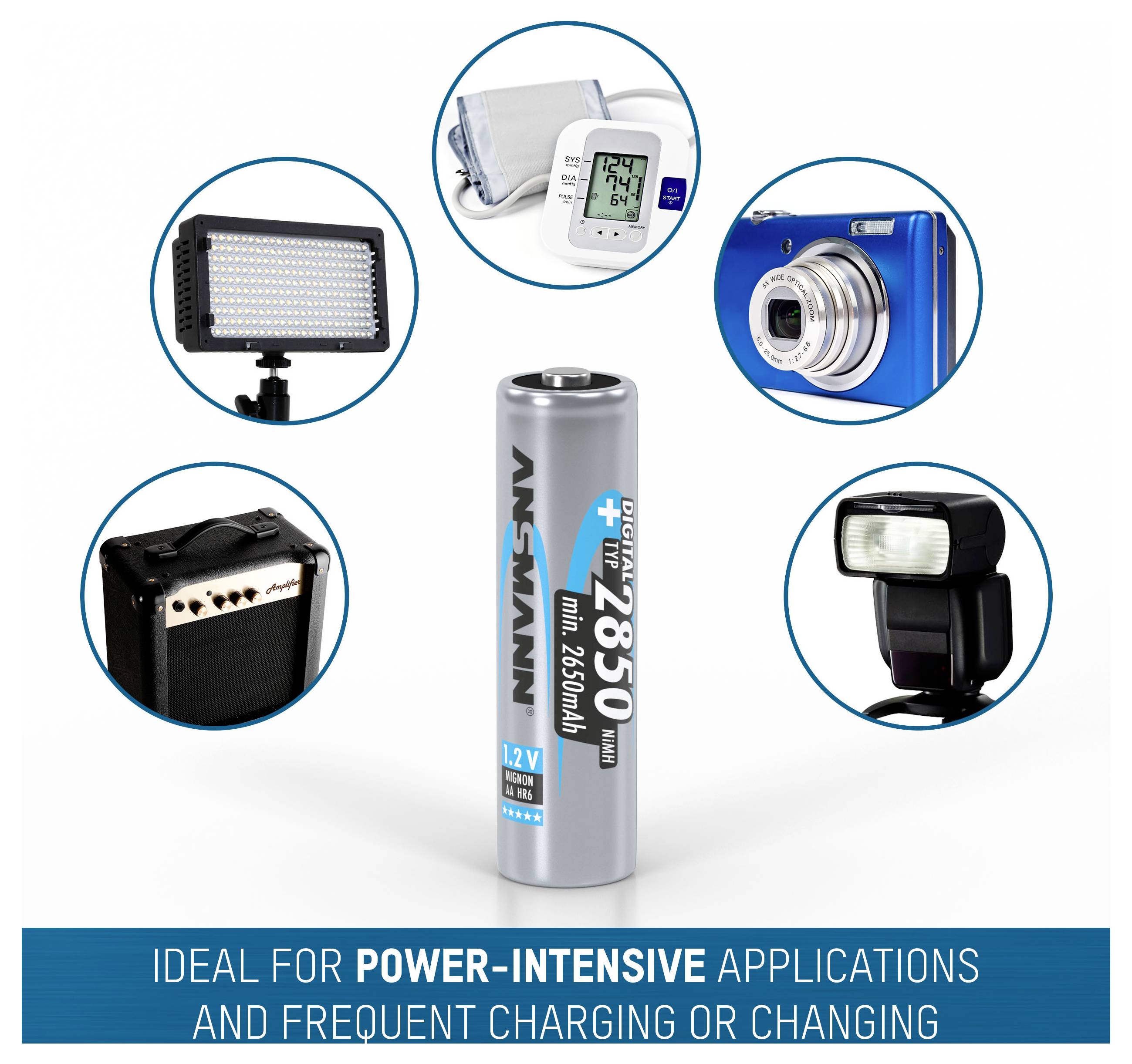 AA 2850 mAh Lithium-Ionen-Batterie, ideal für stromintensive Geräte wie Kameras, LED-Leuchten, Blutdruckmessgeräte und Blitzgeräte.