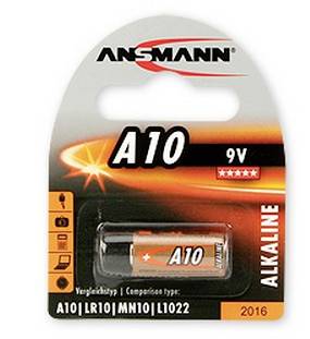 Verpackung für eine ANSMANN A10 9V Alkaline-Batterie, die die Batterie durch eine durchsichtige Blisterpackung zeigt.