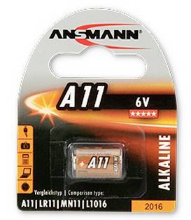 Ansmann A11 6V Alkali-Batterie in Einzelhandelverpackung, beschriftet mit A11, LR11, MN11 und L1016, mit einer einzelnen Batterie in einer Blisterpackung sichtbar.