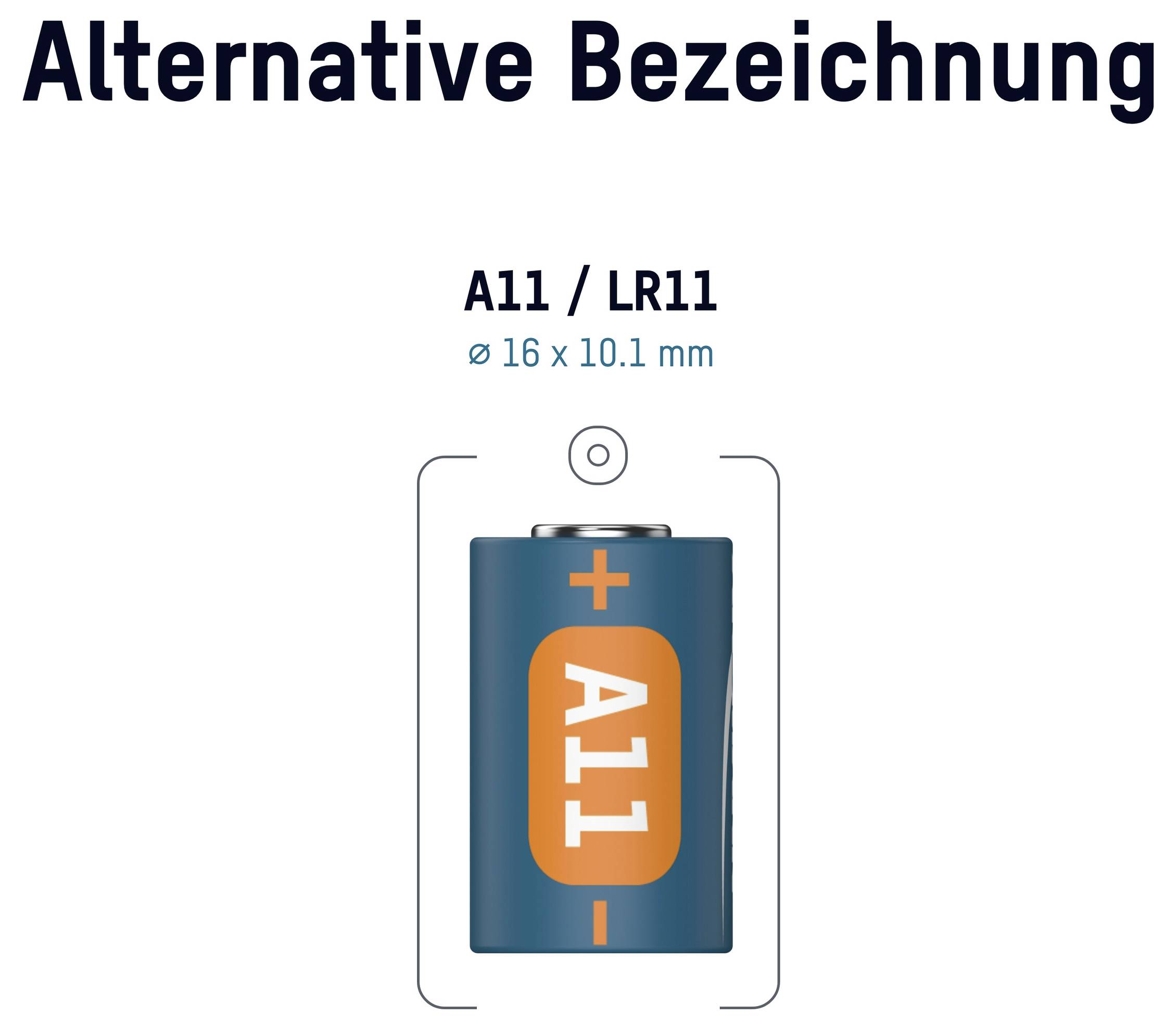 Diagramm, das eine A11/LR11-Batterie zeigt, mit der Bezeichnung „Alternative Bezeichnung