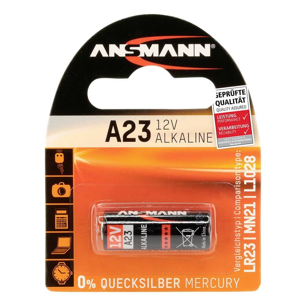 Ansmann A23 12V Alkaline-Batterie in Einzelhandelsblistverpackung, gekennzeichnet mit „0% QUECKSILBER MERCURY