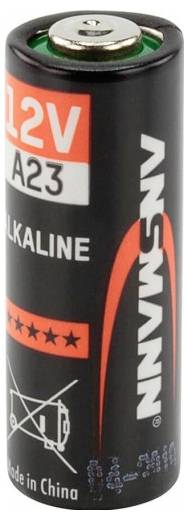 Eine 12V-A23-Alkalibatterie mit schwarzem und orangefarbigem Etikett und „12V