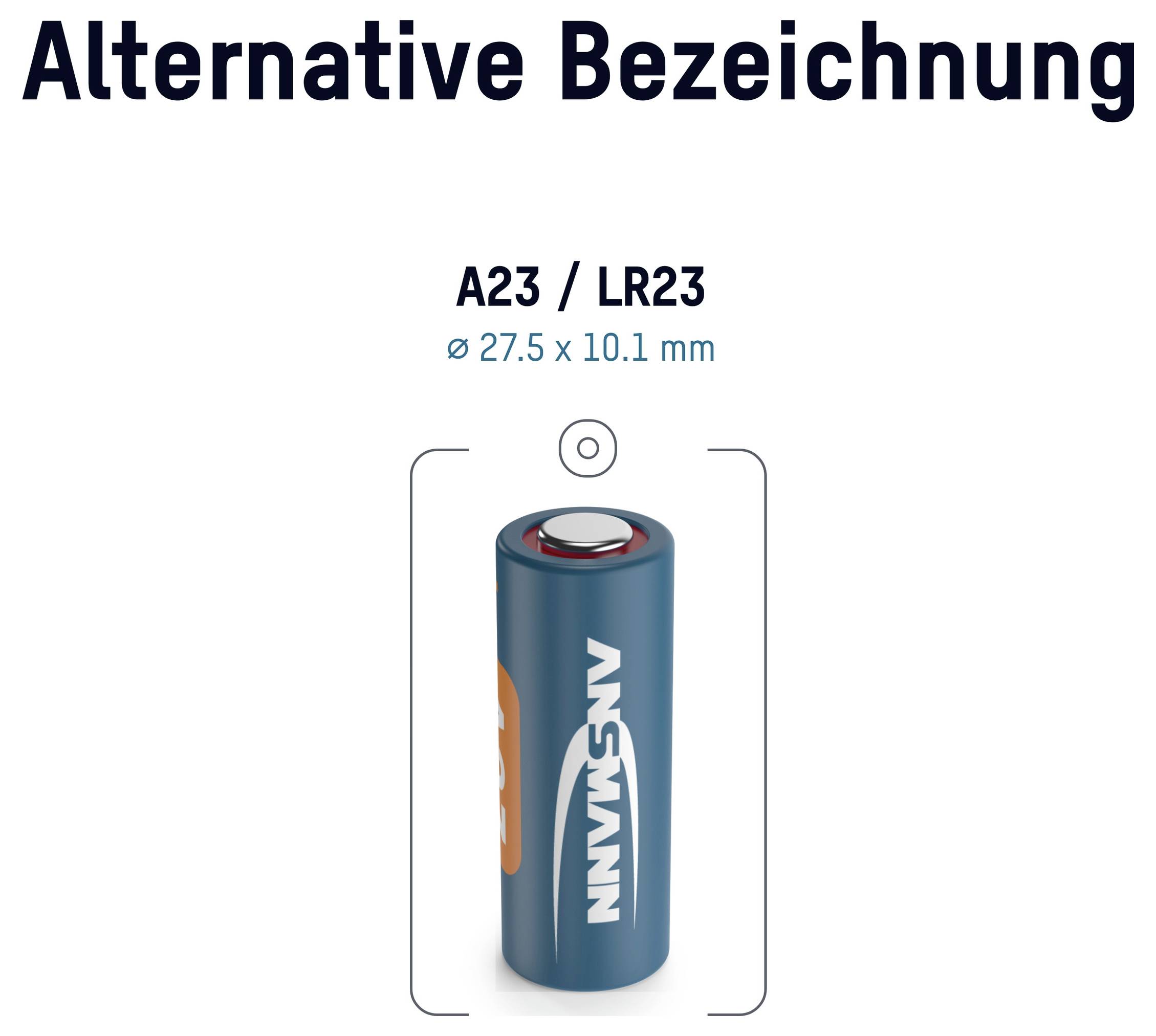 Abbildung einer A23/LR23-Batterie, beschriftet mit „Alternative Bezeichnung