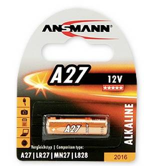 Ansmann A27 12V Alkaline-Batterie in Einzelhandelsverpackung, gekennzeichnet mit A27, LR27, MN27, L828.