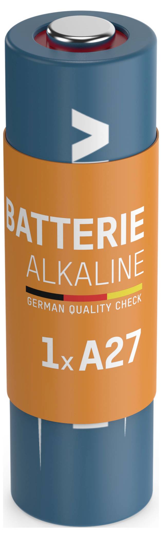 Blaue und orangefarbene Alkalibatterie mit der Aufschrift „BATTERIE ALKALINE
