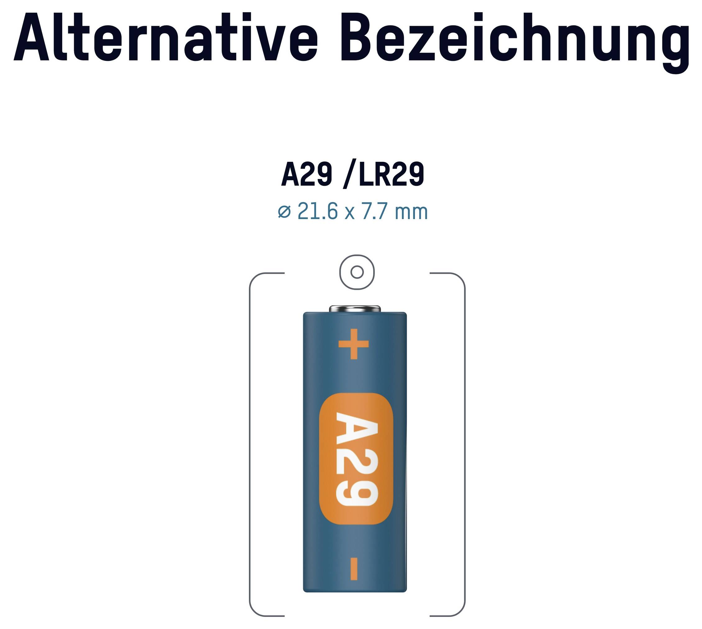 Diagramm einer A29/LR29-Batterie, beschriftet mit „Alternative Bezeichnung
