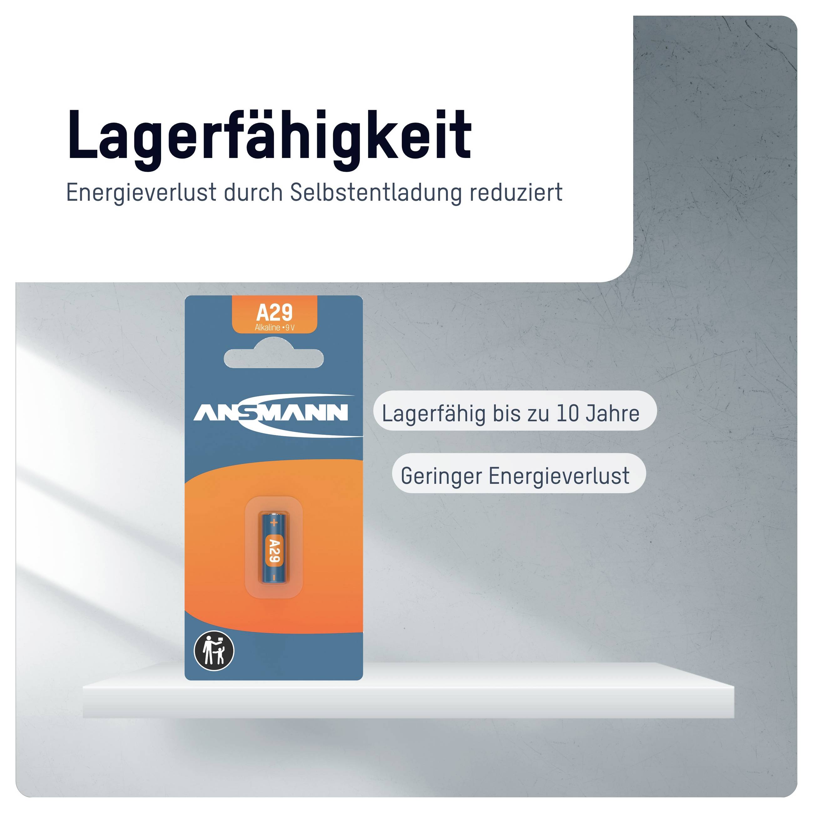 ANSMANN A29 Batteriepack mit der deutschen Überschrift „Lagerfähigkeit