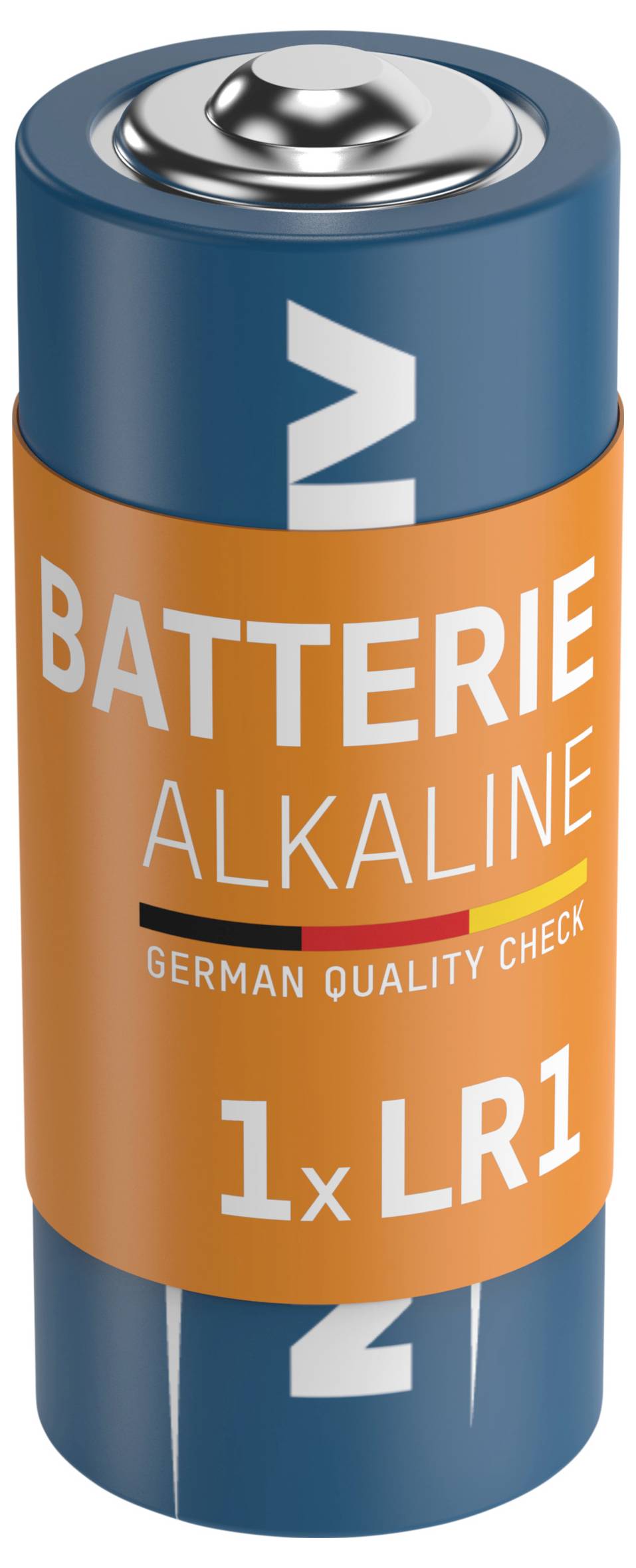 Blaue und orange Alkalibatterie mit der Aufschrift 