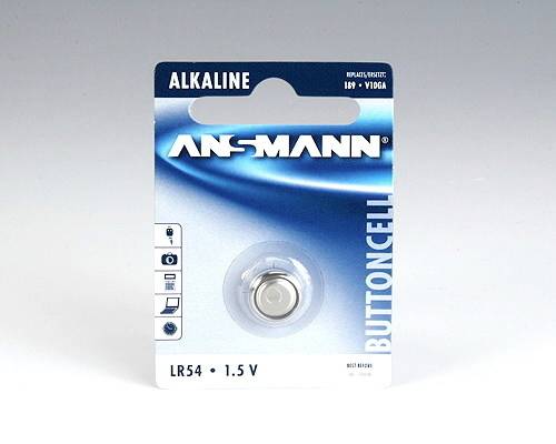 ANSMANN Alkali-Knopfzellenbatterie LR54 1,5V in Verkaufsverpackung.