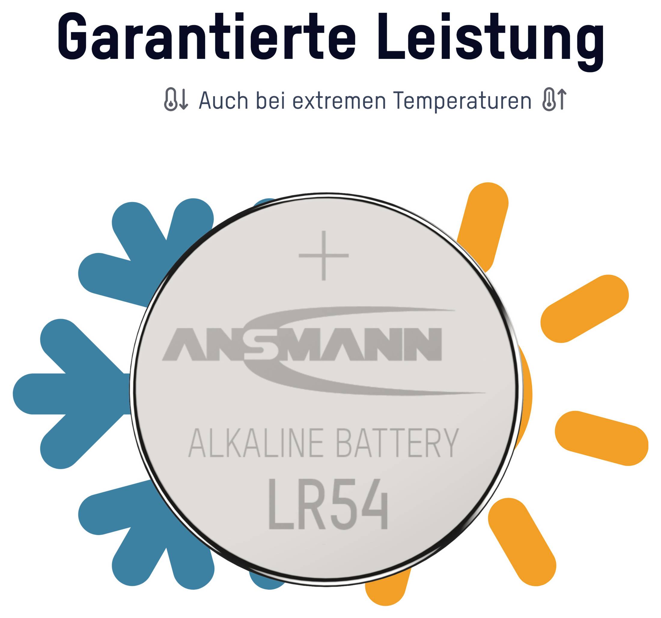 Garantierte Leistung auch bei extremen Temperaturen: ANSMANN Alkaline-Batterie LR54, dargestellt mit blauem Kälte- und orangefarbenem Wärmesymbol.