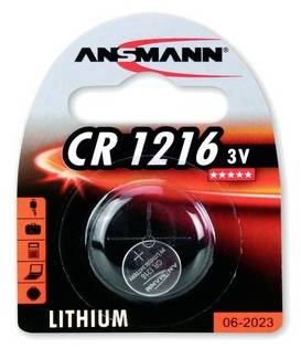Ansmann CR1216 3V Lithium-Knopfzelle in Einzelhandelsverpackung mit Verfallsdatum 06-2023.