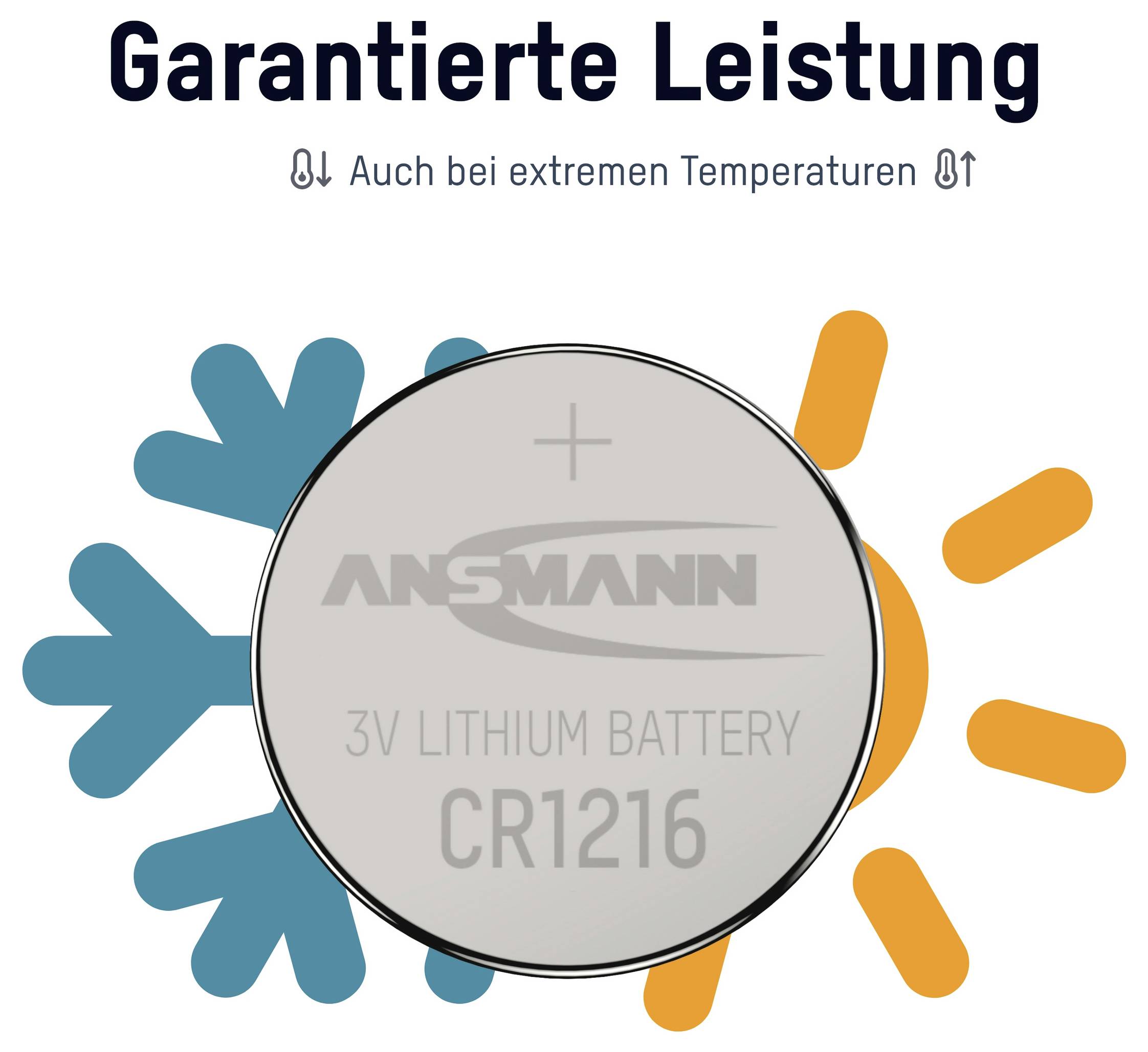 Ansmann CR1216 3V Lithium-BatterieGarantierte Leistung bei extremen Temperaturen[Blau-Kalt-Symbol] [Orange-Wärme-Symbol]