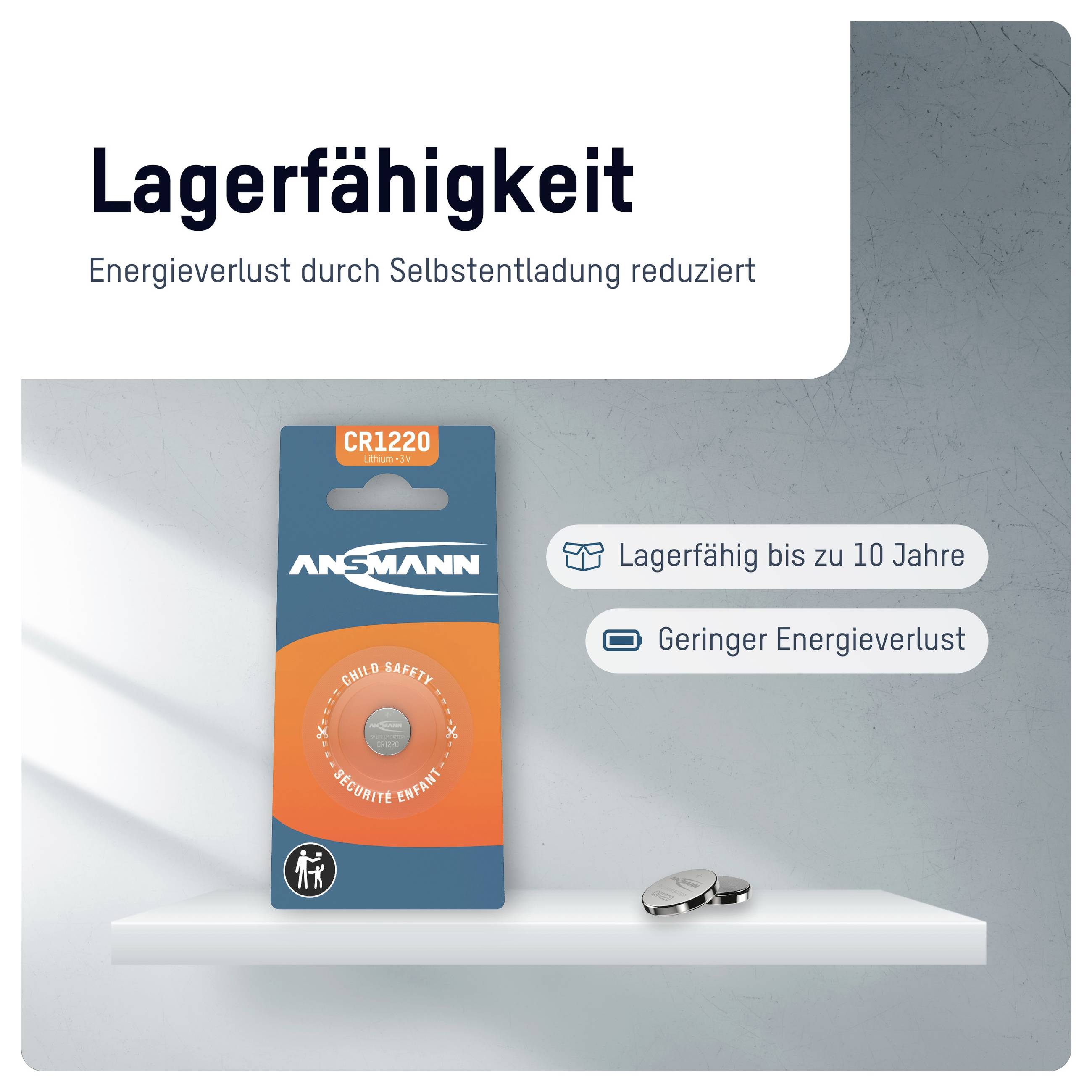 Werbebild von ANSMANN CR1220 Batterien mit der Überschrift „Lagerfähigkeit