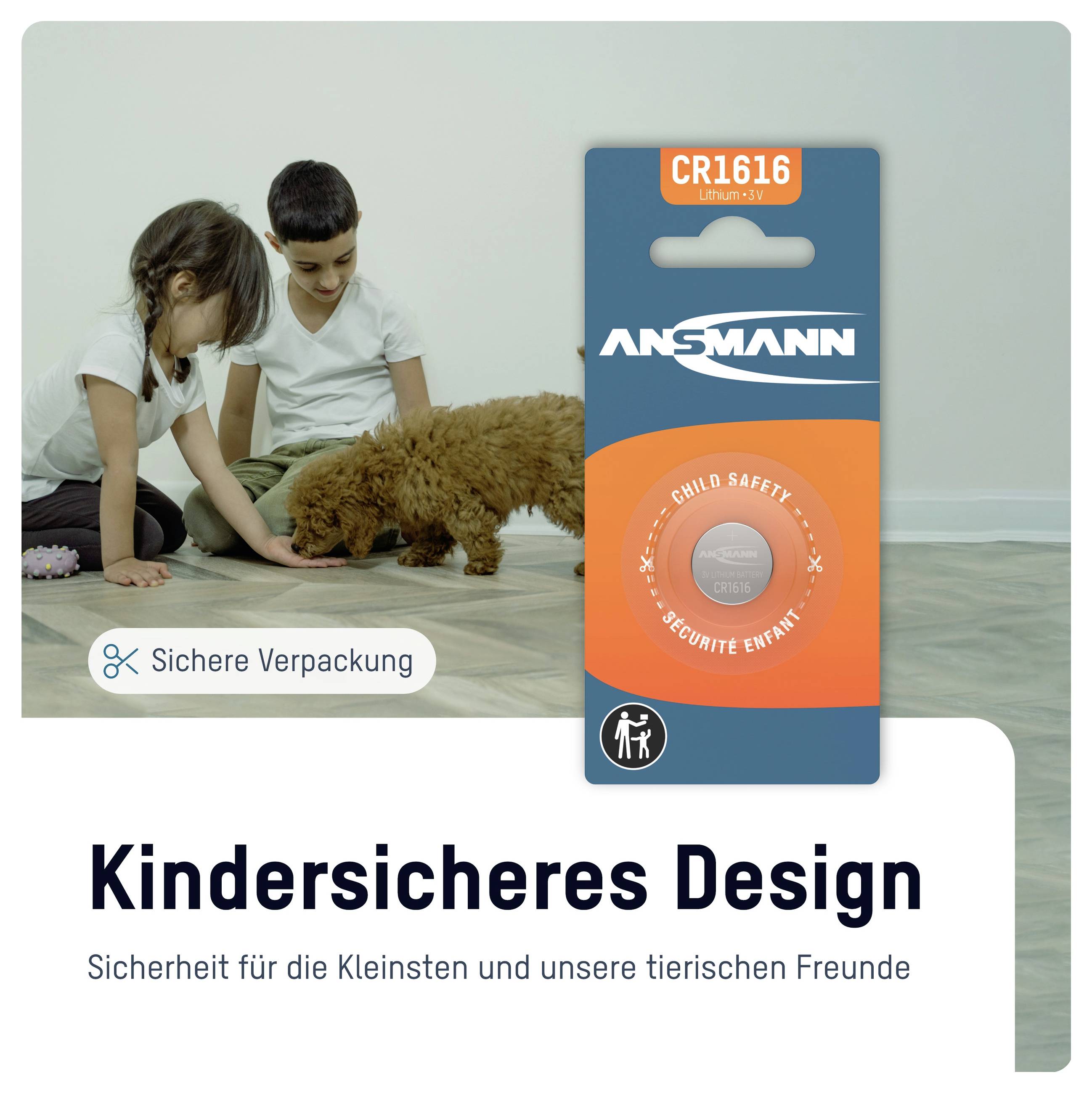 Batterie-Paket mit kindersicherem Design neben zwei Kindern und einem Hund; deutscher Text lautet „Kindersicheres Design