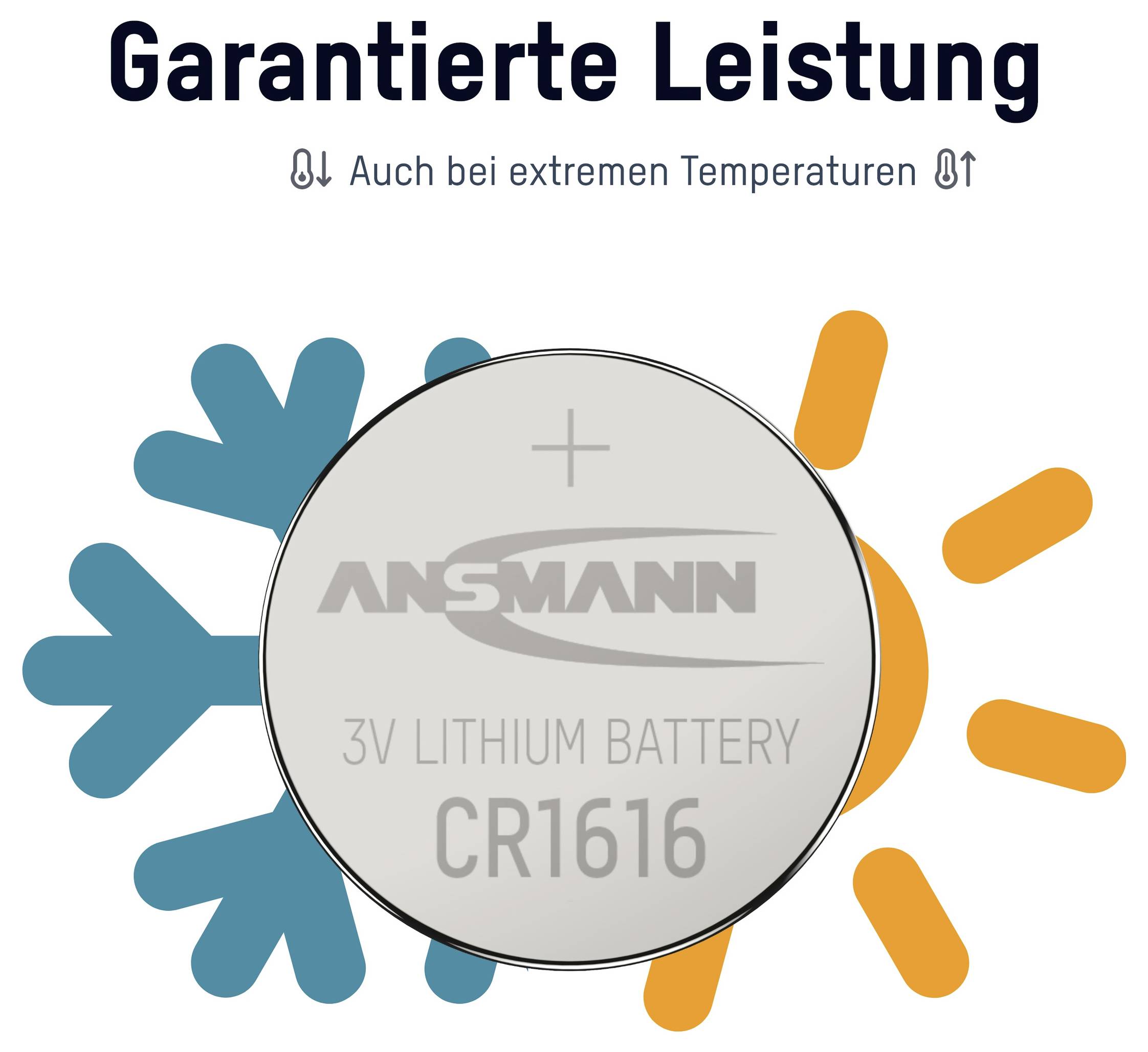Werbung für ANSMANN CR1616 3V Lithium-Batterie mit dem Text „Garantierte Leistung