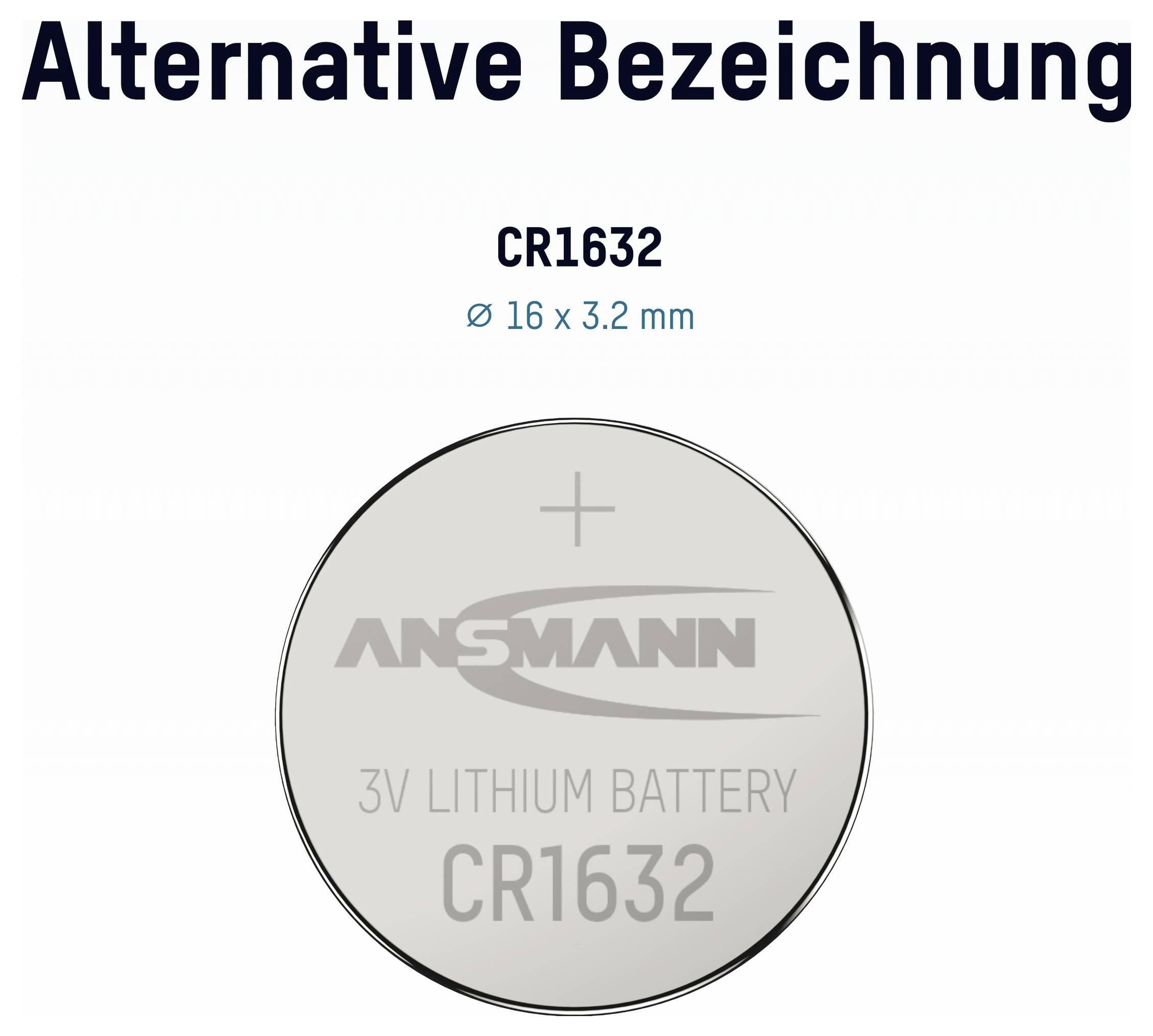CR1632 3V Lithium-Knopfzelle, 16 x 3,2 mm, dargestellt mit dem Titel „Alternative Bezeichnung