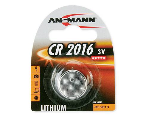 Verpackung für eine Ansmann CR 2016 3V Lithium-Knopfzelle, dargestellt in einer Blisterpackung.