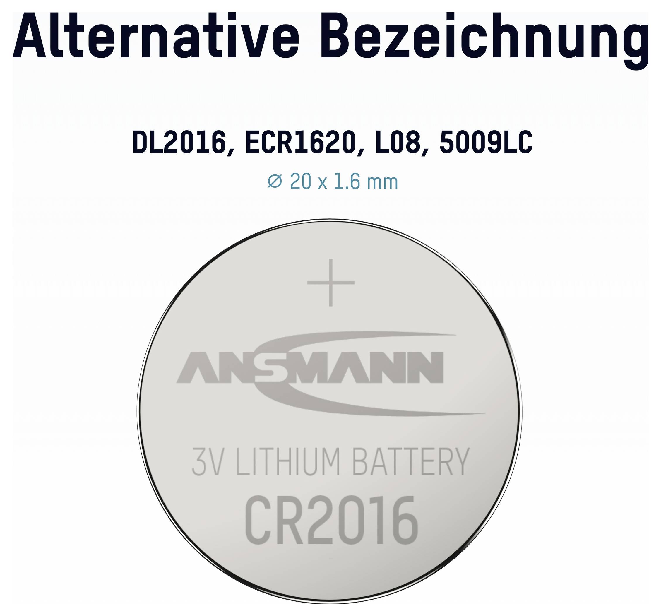 Diagramm einer CR2016-3V-Lithium-Knopfzelle mit der Kennzeichnung „DL2016, ECR1620, L08, 5009LC