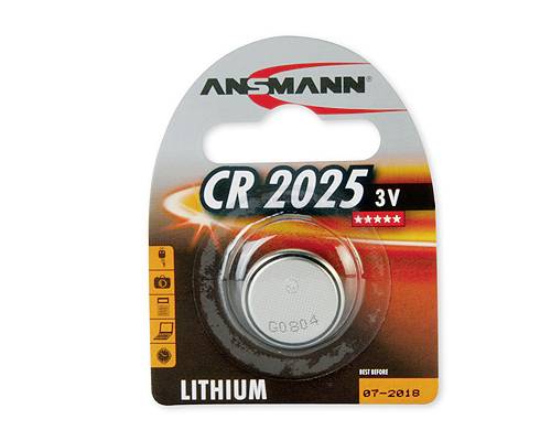 Ansmann CR 2025 3V Lithium-Knopfzelle in Einzelhandelverpackung mit Aufhängeschlaufe und transparentem Vorderblister.