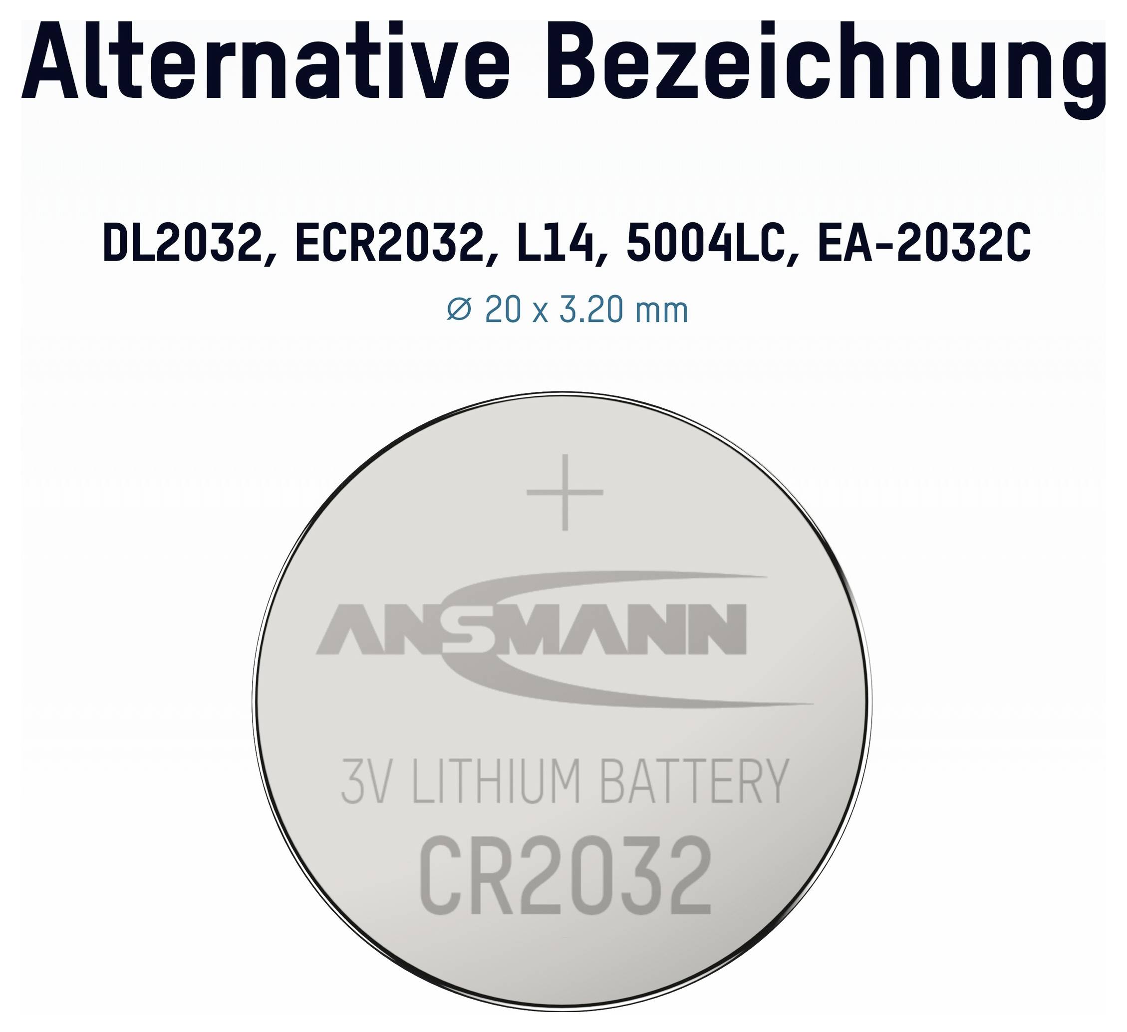 Bild einer CR2032 3V Lithium-Knopfbatterie mit der Bezeichnung „Alternative Bezeichnung