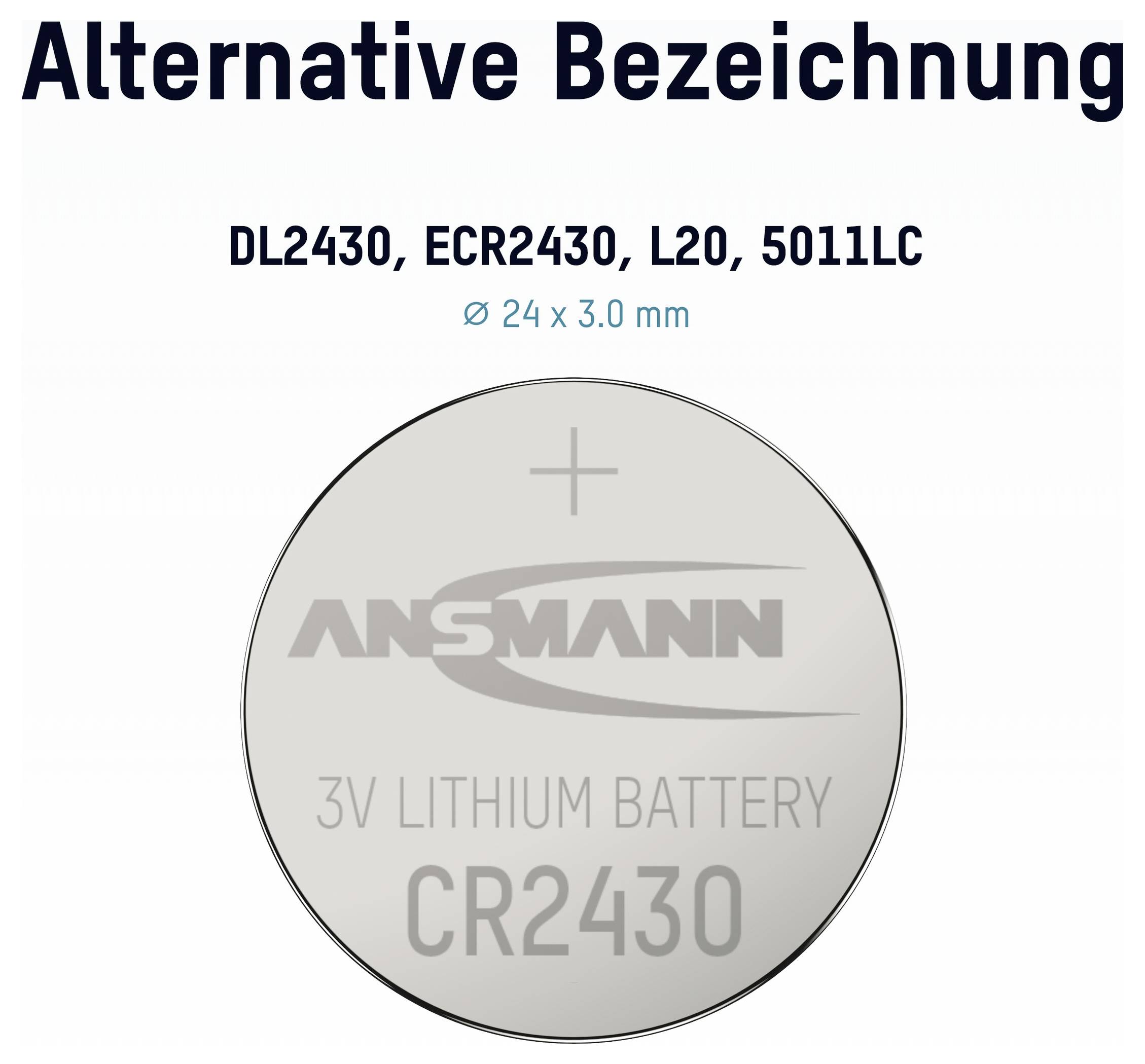 Diagramm einer CR2430-Knopfzellenbatterie mit der Bezeichnung „Alternative Bezeichnung